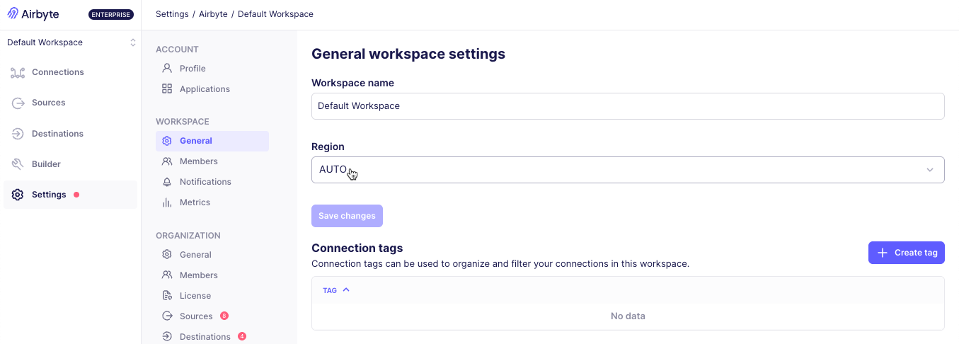 Choosing a new region from the dropdown menu on the Workspace settings page.